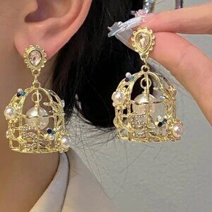 Bird Cage Inlaid Faux Pearl Earrings Party Statement Ear Jewelry
